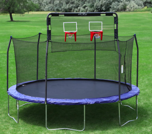 A view of a trampoline containing the Skywalker Double Trampoline Basketball Hoop Attachment.