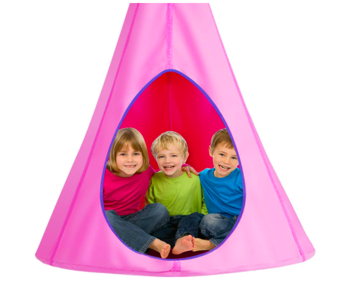 A Pink Costzon Hanging Tree Tent With Three Kids Inside