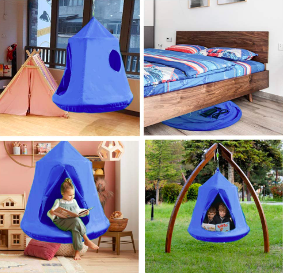 Four Pictures of the SNAN Hanging Tree Tent For Kids In Various Locations.