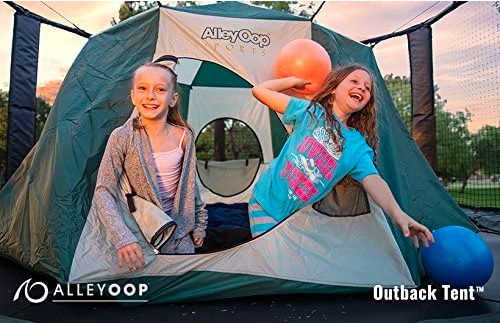 Two Girls Playing On A Trampoline With A Tent In The Middle.